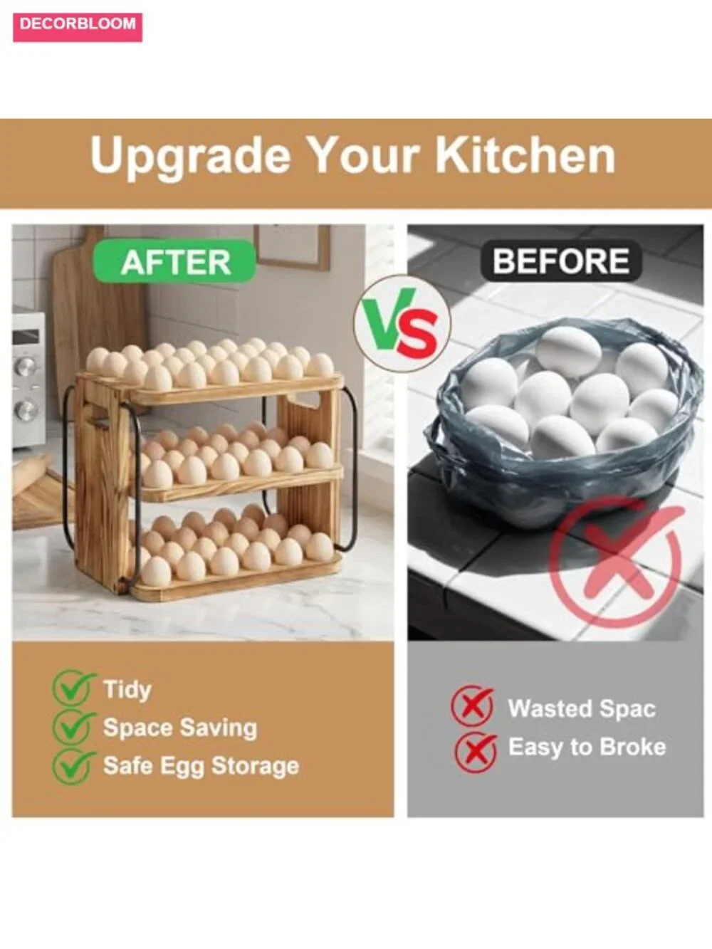 Wooden Egg Holder Countertop for Fresh Eggs with Handle - 3 Layer Stackable 90